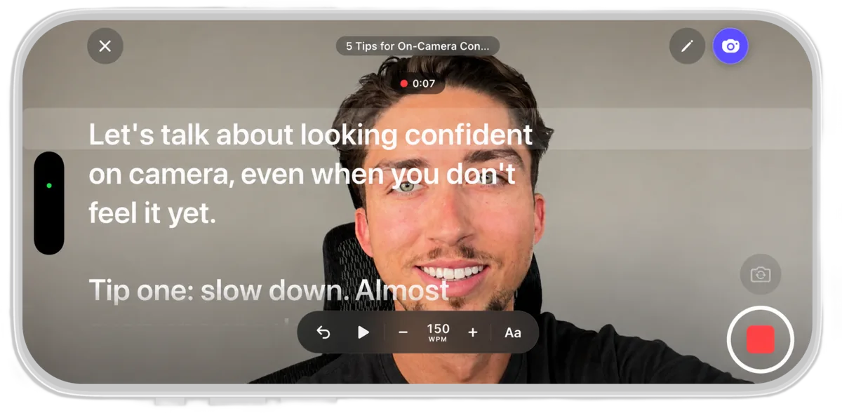 Rolltake iPhone teleprompter recording mode, reading a script over the front camera