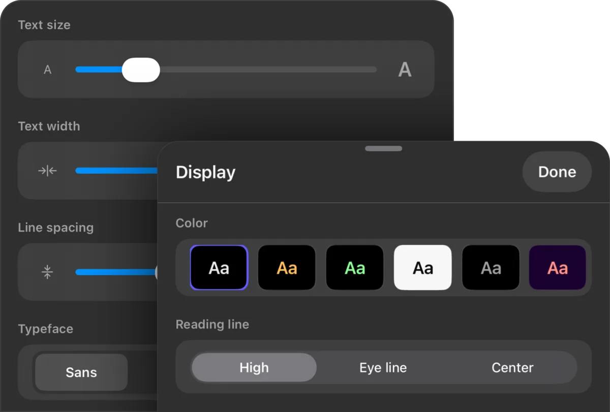 Rolltake iPhone teleprompter Display settings: color themes, text size, width, and line spacing
