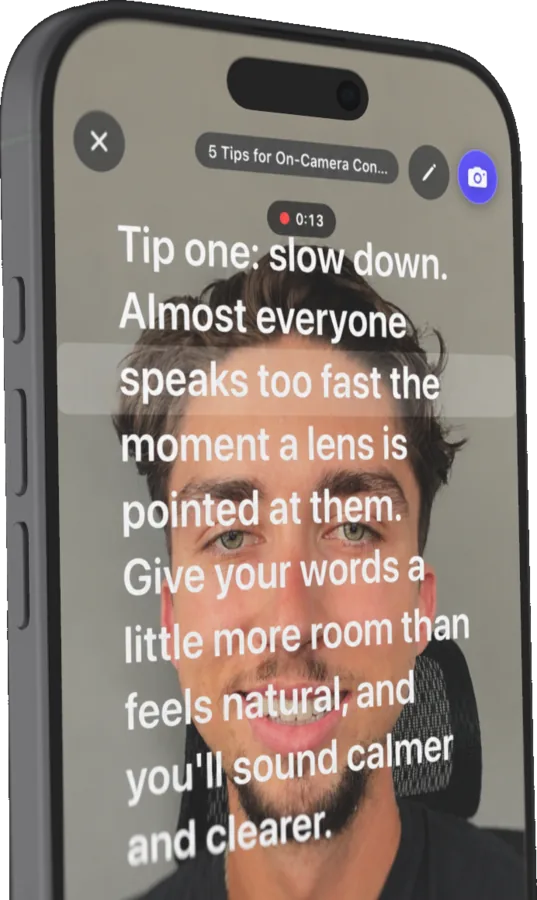Rolltake teleprompter recording over the front camera on iPhone, script scrolling with the reading line